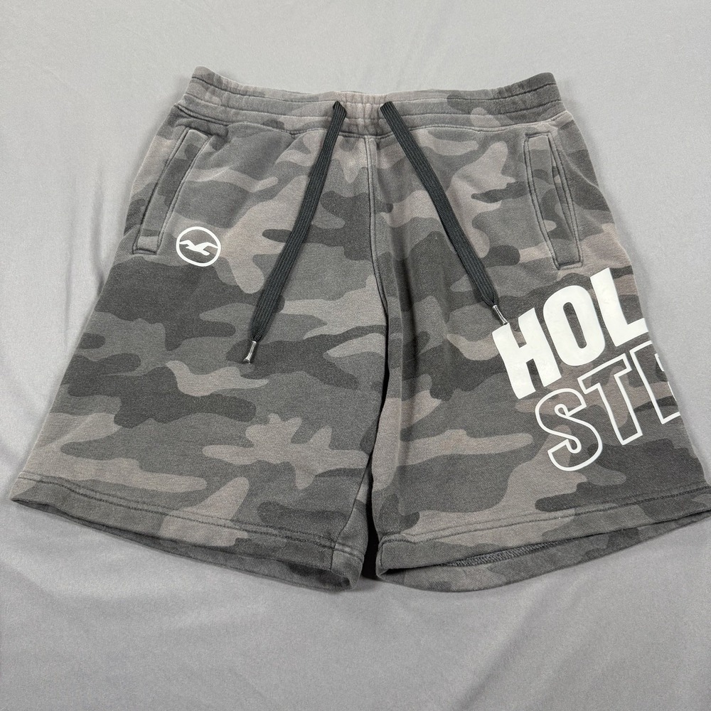 Hollister Men's Gray Camouflage Drawstring Sweat Shorts Size Small Fleece